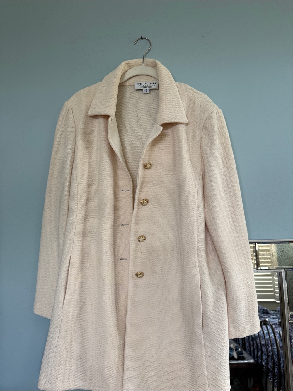 St. John Cream Knit Pea Coat with Gold Buttons